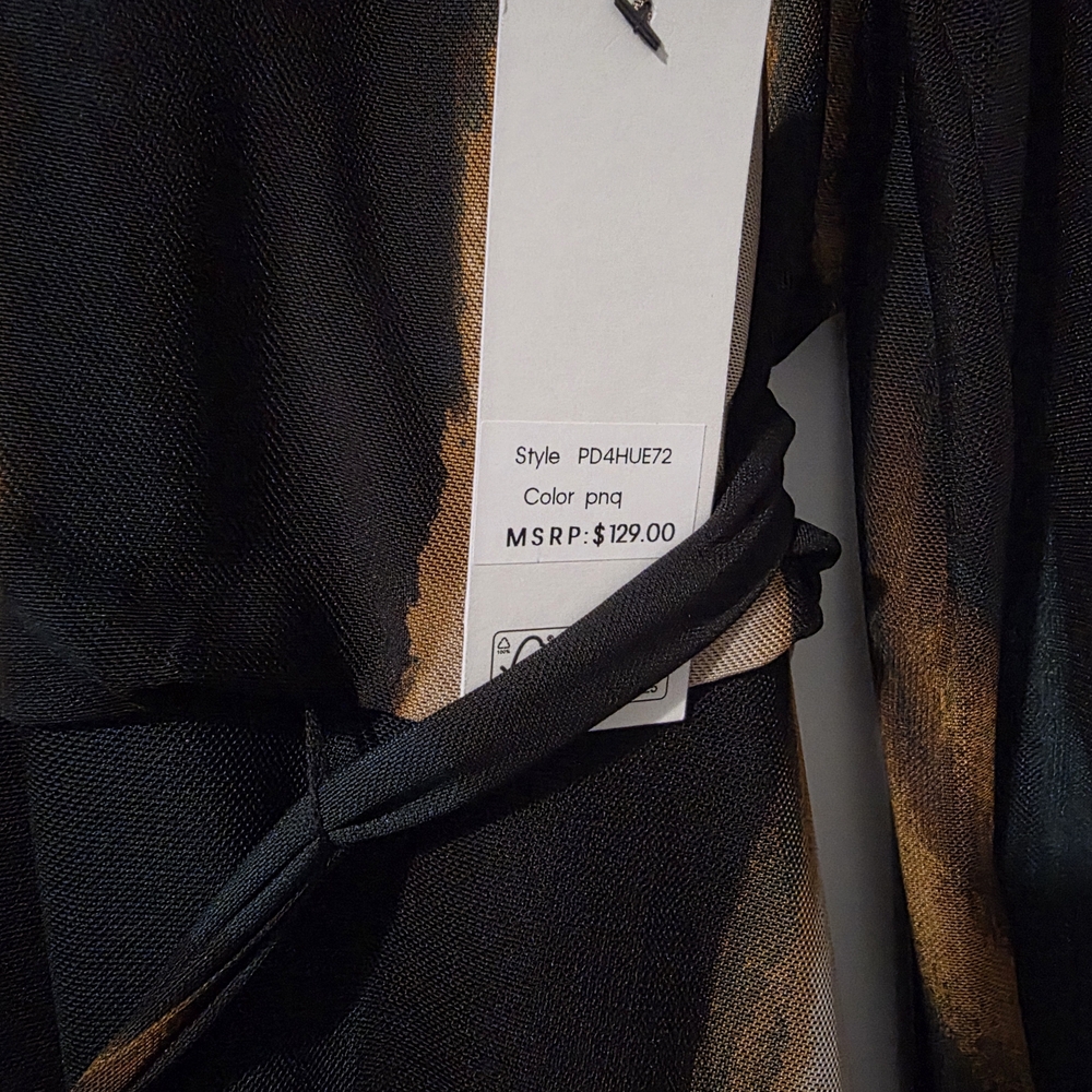 DKNY Black Long-Sleeve Belted Maxi Dress with Gold and Tan Brushstroke Print - Picture 6 of 7